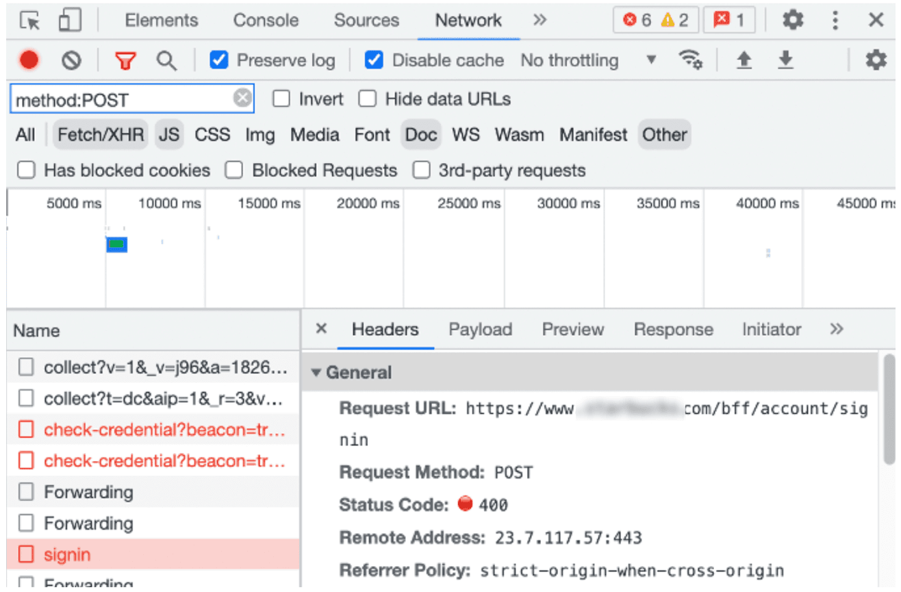 Figure: Developer Tools - POST method