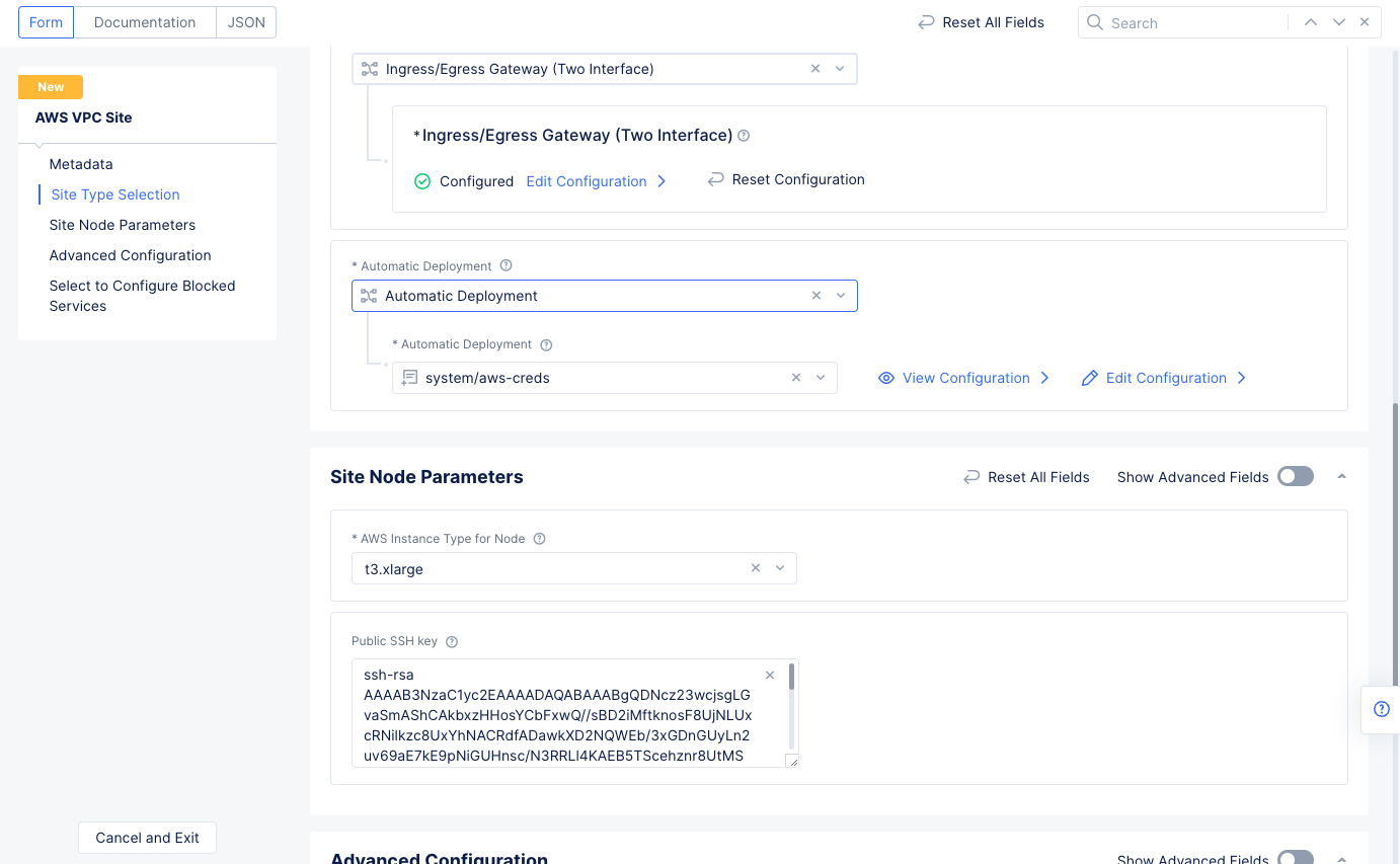 Figure: Automatic Deployment and Site Node Parameters