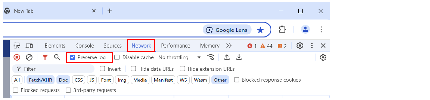 Figure: Developer Tools - Preserve log option on the Network tab